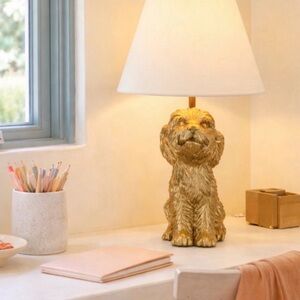 Gold Dog Table Lamp with White Shade